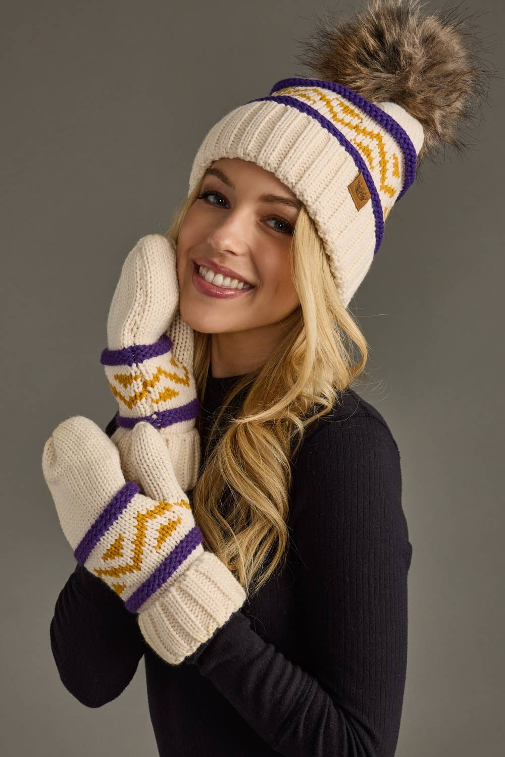 Pom Hat - Cream, Purple & Gold