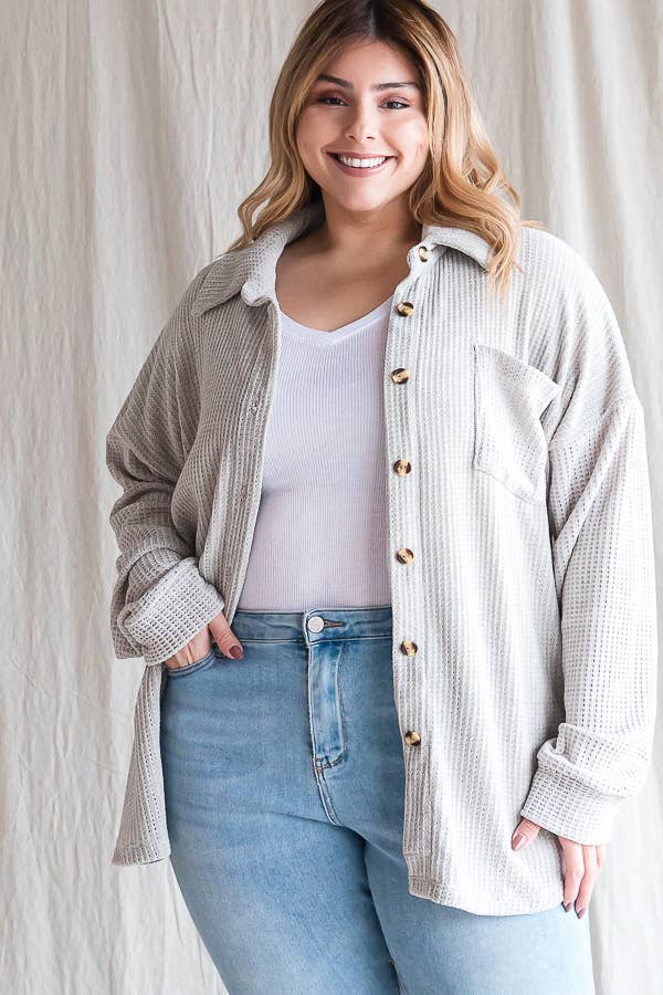 Waffle Knit Button Shirt - Plus Top (3X)