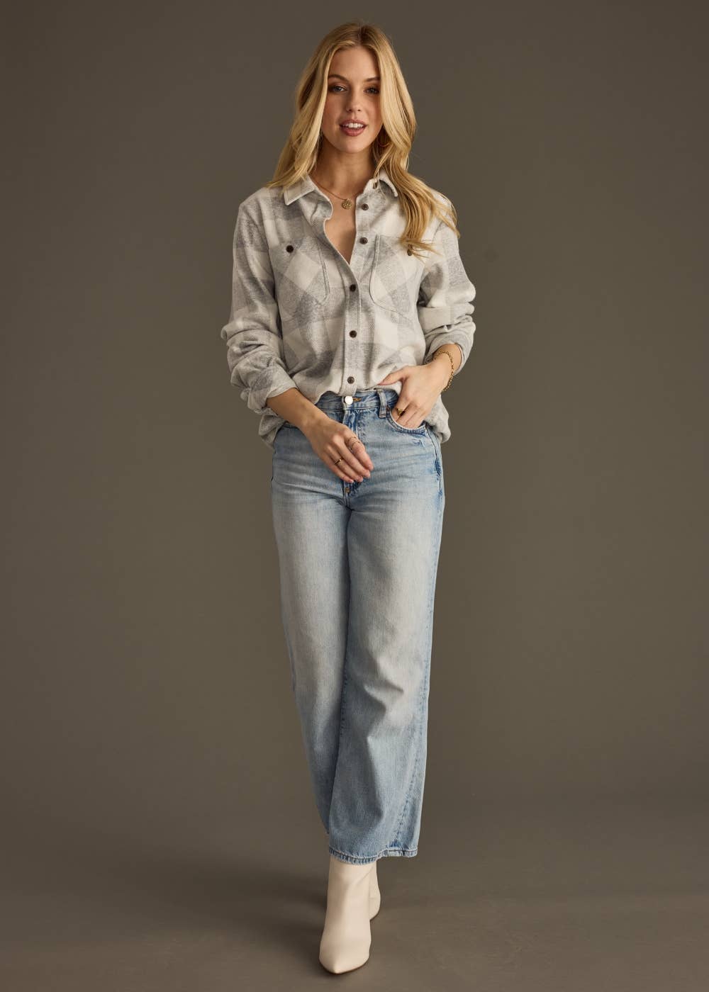 Super Soft Button Up - Lt. Gray & White Plaid