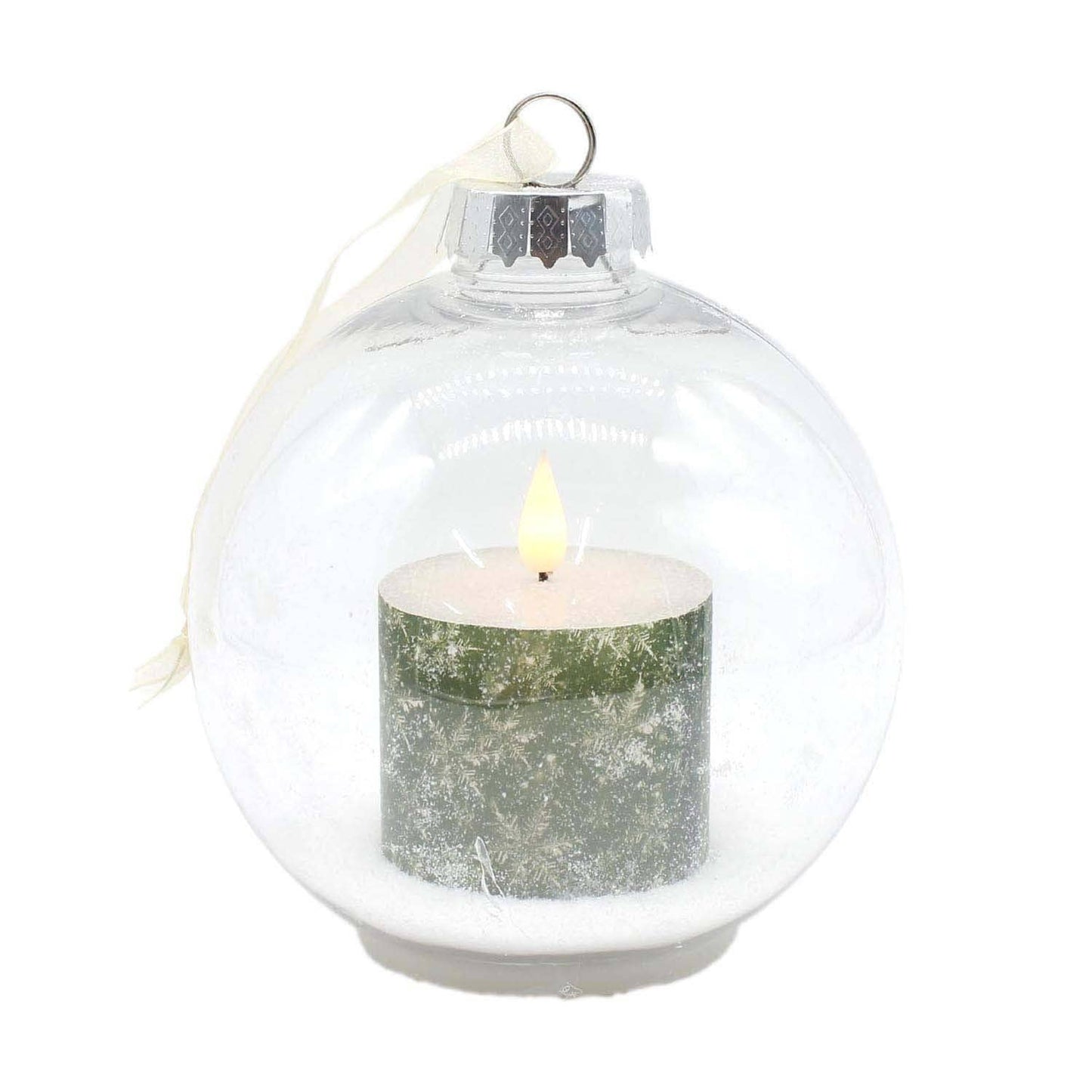 Plastic Ball Ornament with Green Snowflake LED Candle