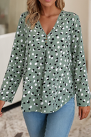 Dotted Print Button Front V Neck Blouse