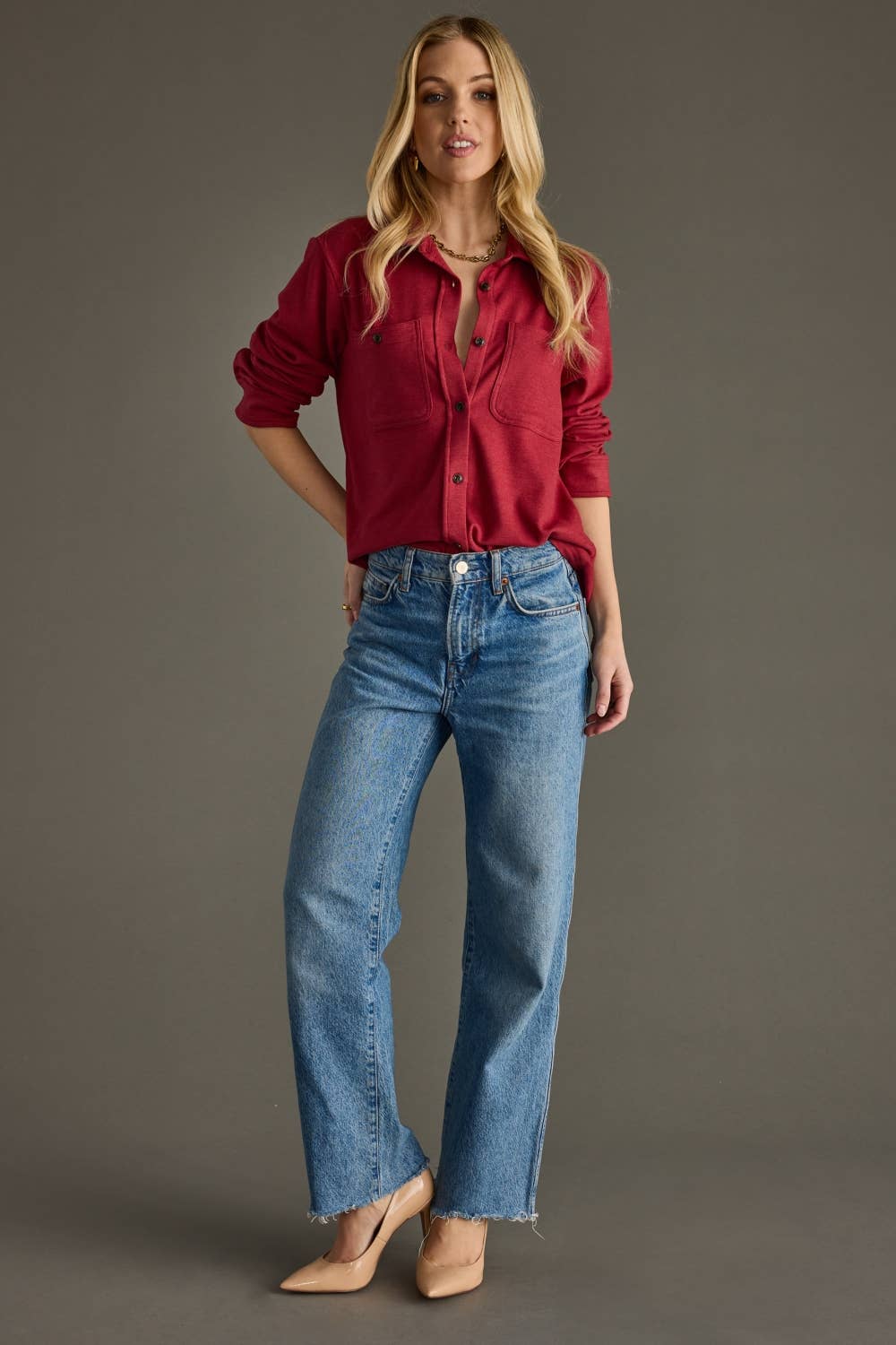 Super Soft Button Up - Heather Red