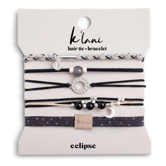 "Eclipse" Black, White & Grey with Silver Metallic & Moon Accent Hair Tie Bracelets