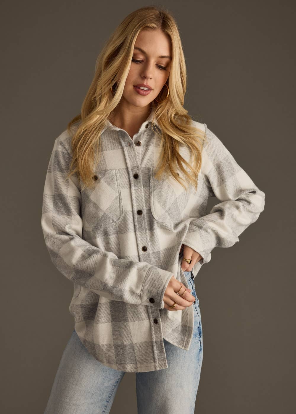 Super Soft Button Up - Lt. Gray & White Plaid