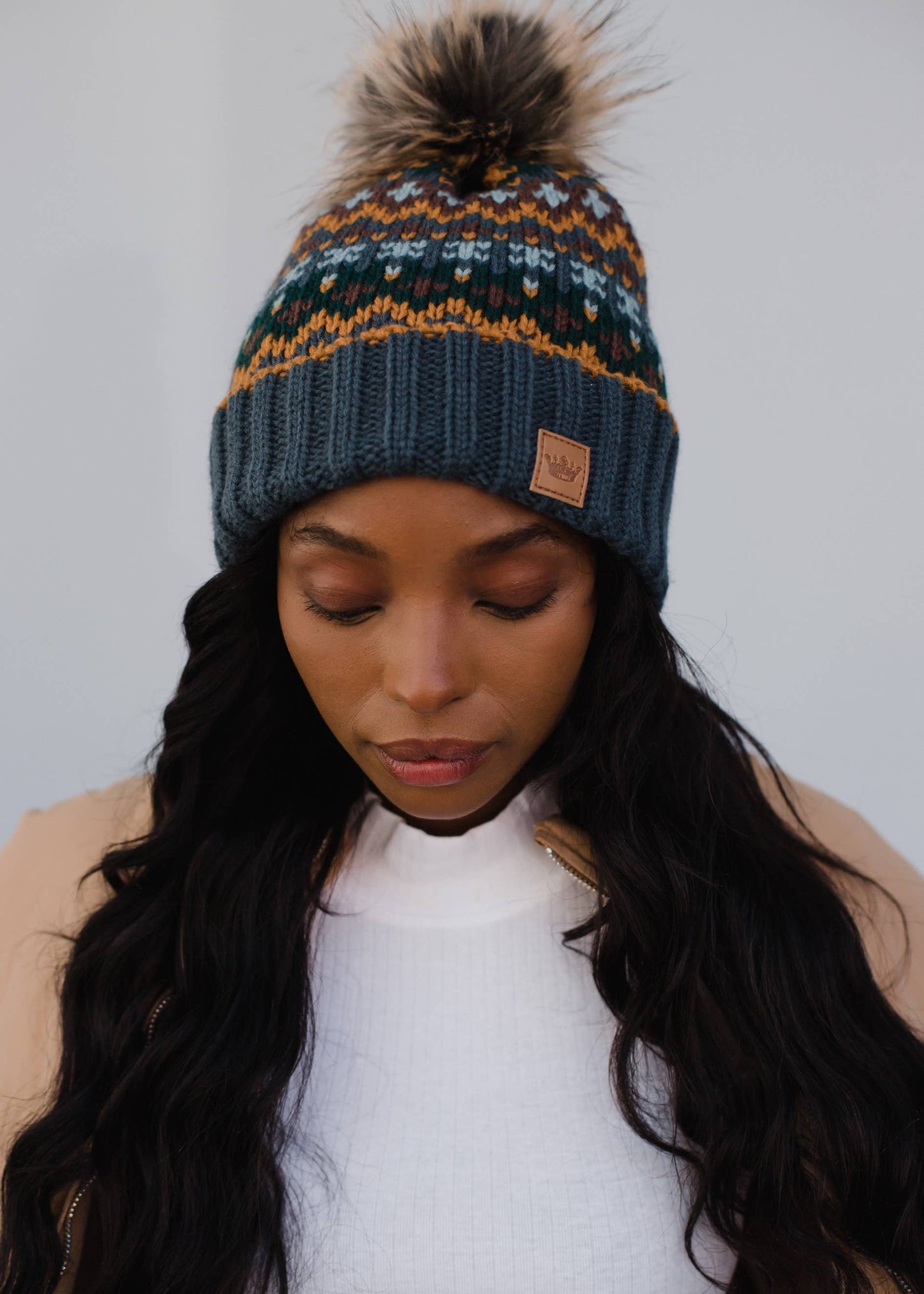 Dusty Blue & Multicolored Patterned Pom Hat