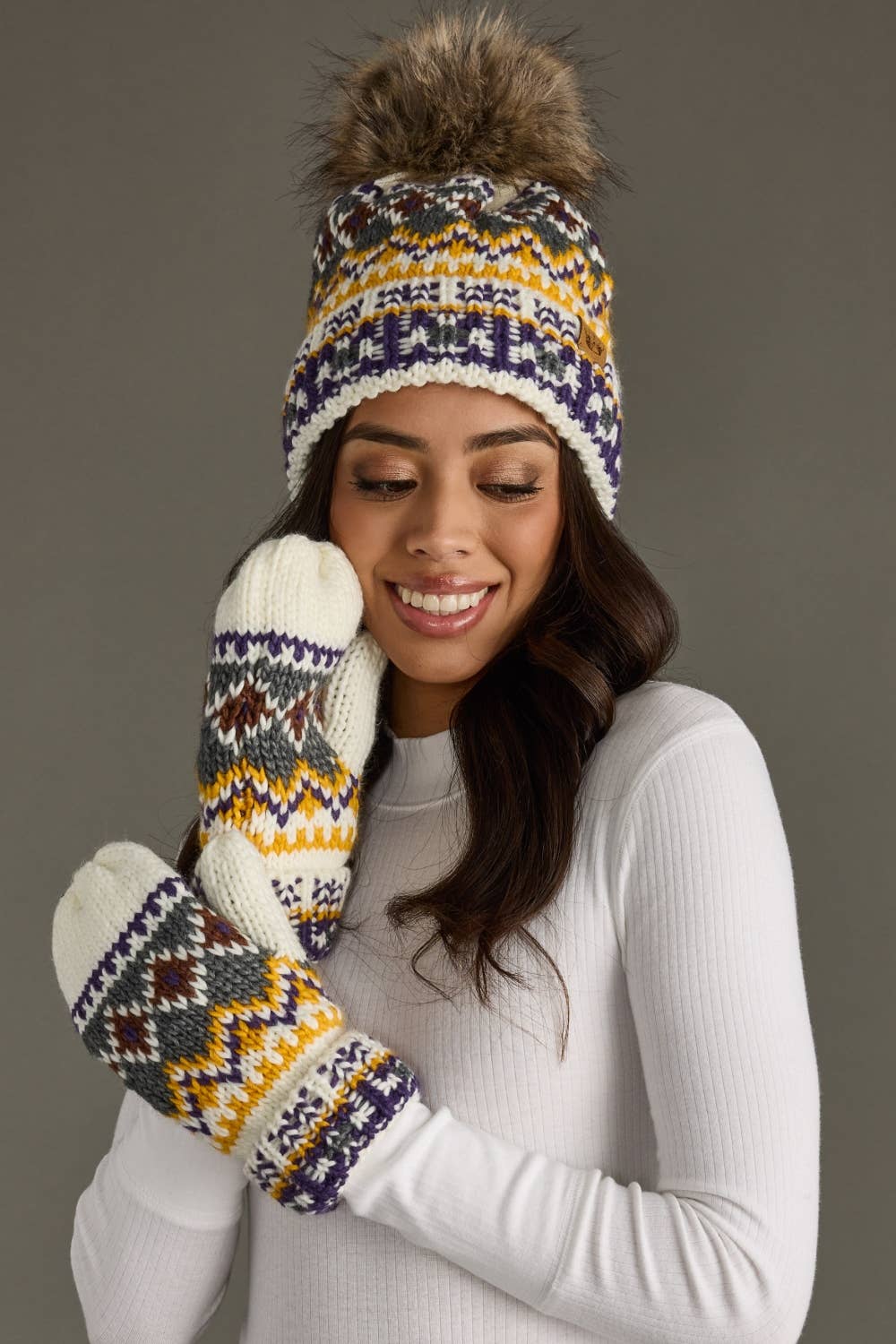 Pom Hat - White, Purple & Gold