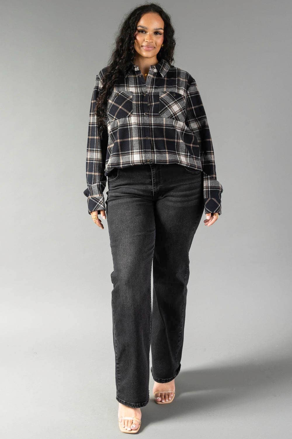 XXL Black, White & Tan Plaid Button Up
