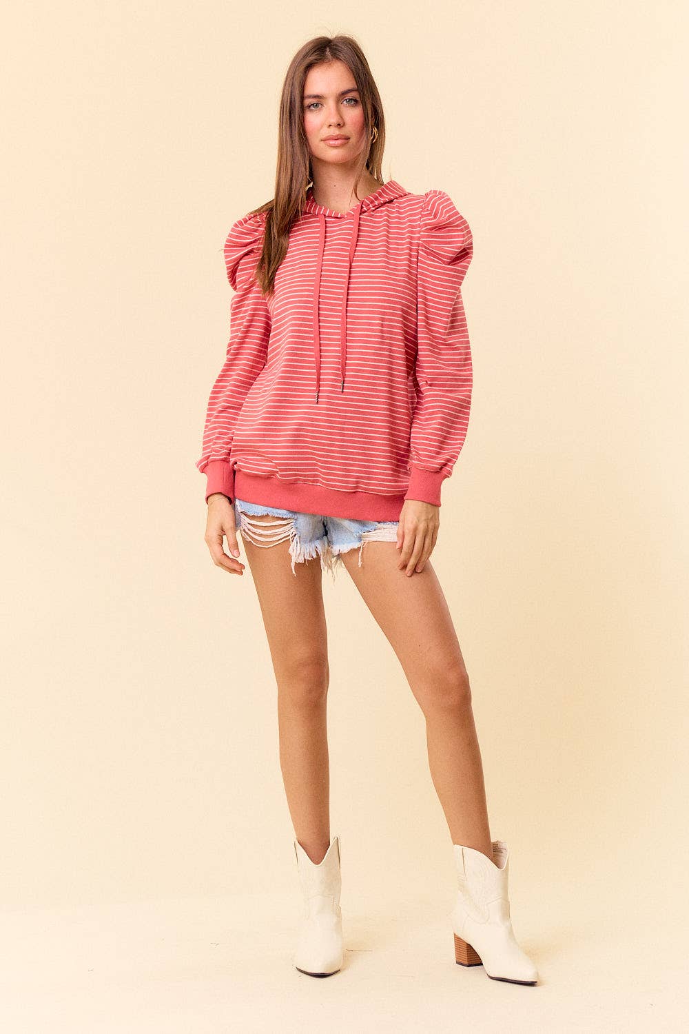 PUFF SLEEVE STRIPE HOODIE (S, M, L)