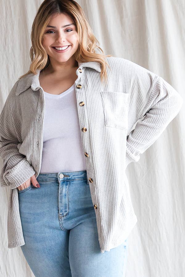 Waffle Knit Button Shirt - Plus Top (3X)