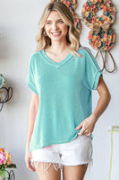 Teal Flowy Ribbed Top - Plus Size V-Neck