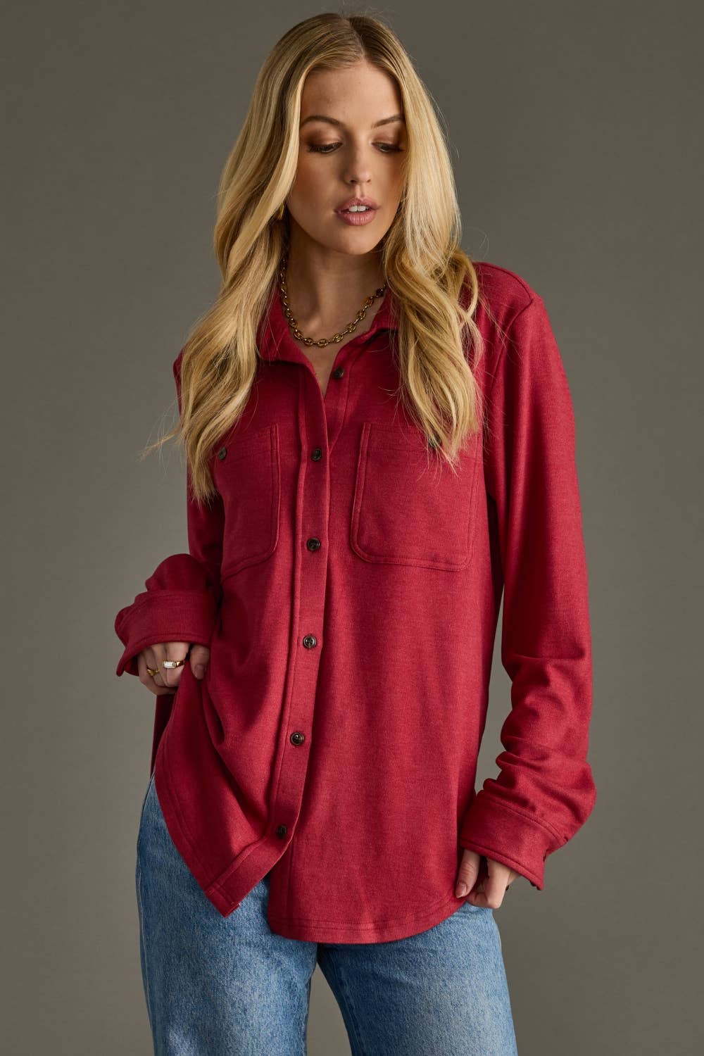 Super Soft Button Up - Heather Red