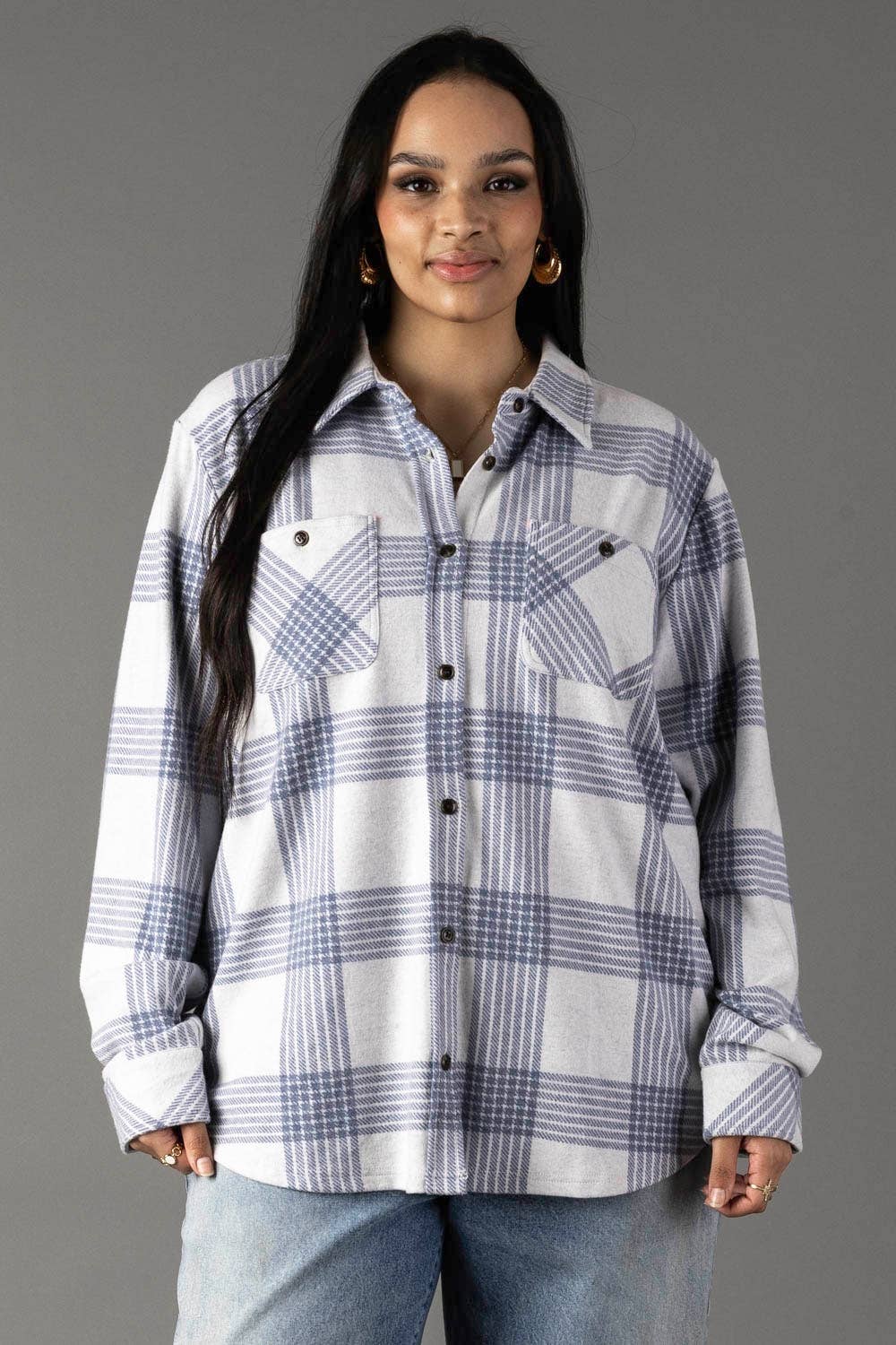 XXL White & Dusty Blue Plaid Button Up