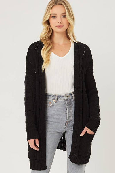 Chunky Cable Knit Cardigan - Black