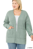 Waffle Cardigan Sweater (Plus) - Light Green