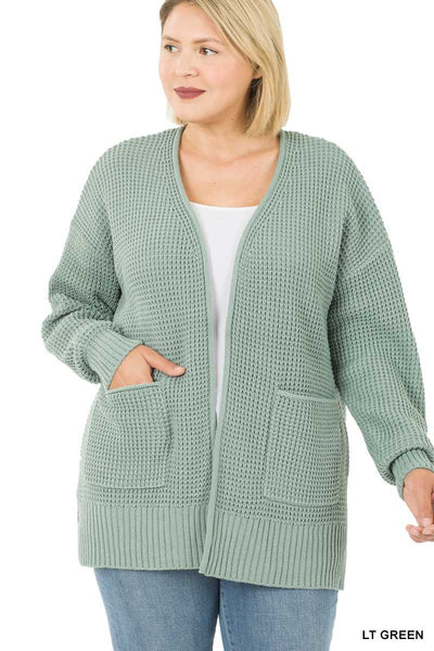 Waffle Cardigan Sweater (Plus) - Light Green